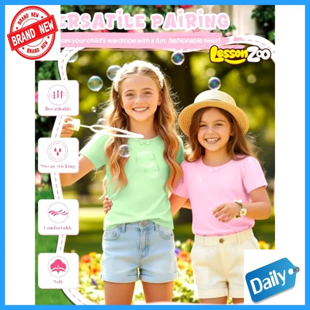 Girls 3 Pack Short Sleeve Tees with Bow Crewneck Soft Stretch Tops